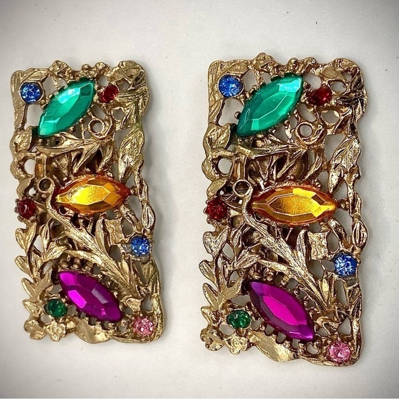 Vintage MUSI Multicolor Rhinestone Verdant Gold Tone Rectangular Shoe Clips - Picture 3 of 6